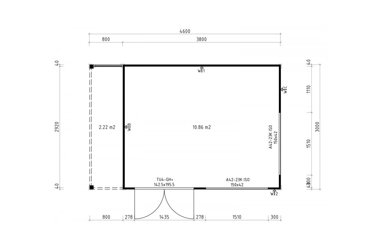 Casa Lignea Gartenhaus Modell Cubus Novitas natur 380x300 cm und Seitendach Grundriss