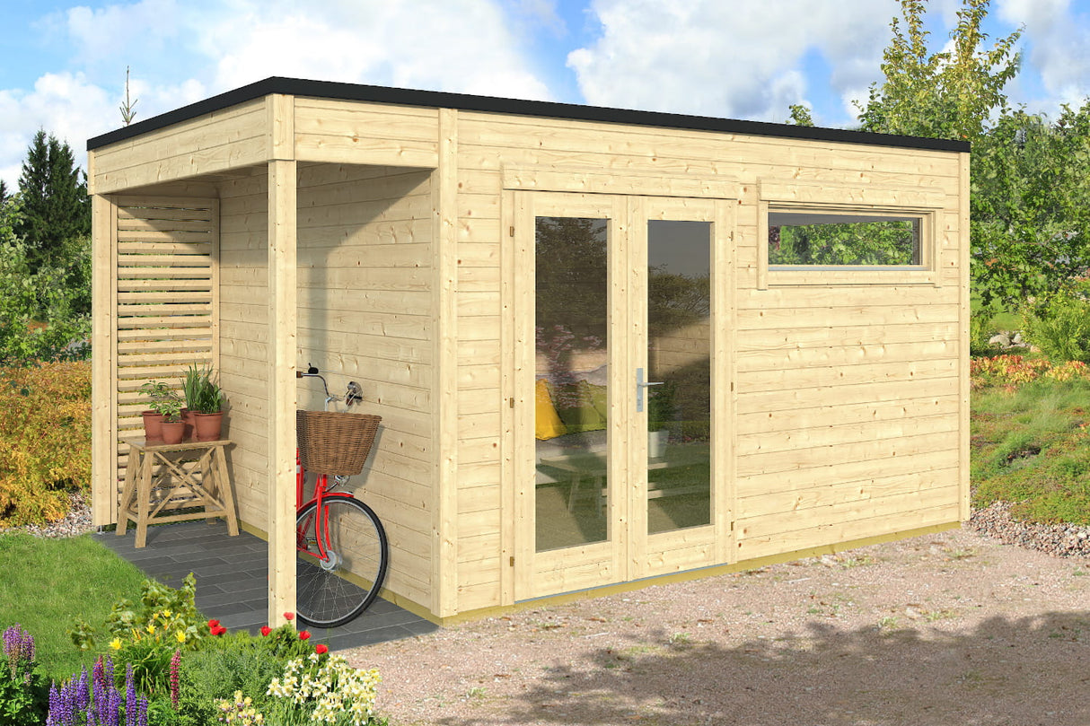 Casa Lignea Gartenhaus Modell Cubus Novitas natur 380x300 cm und Seitendach