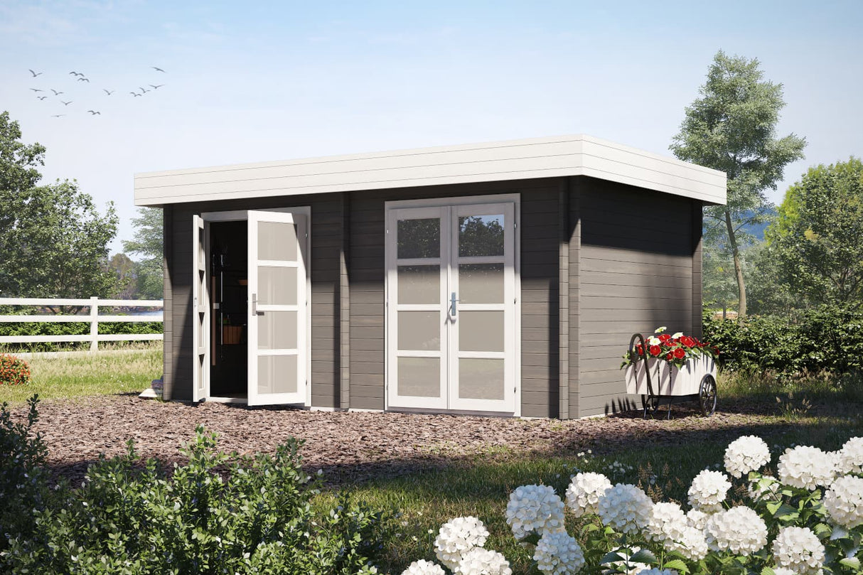 Casa Lignea Gartenhaus Modell Secundus 40 mm mit offener Tür Farbbeispiel