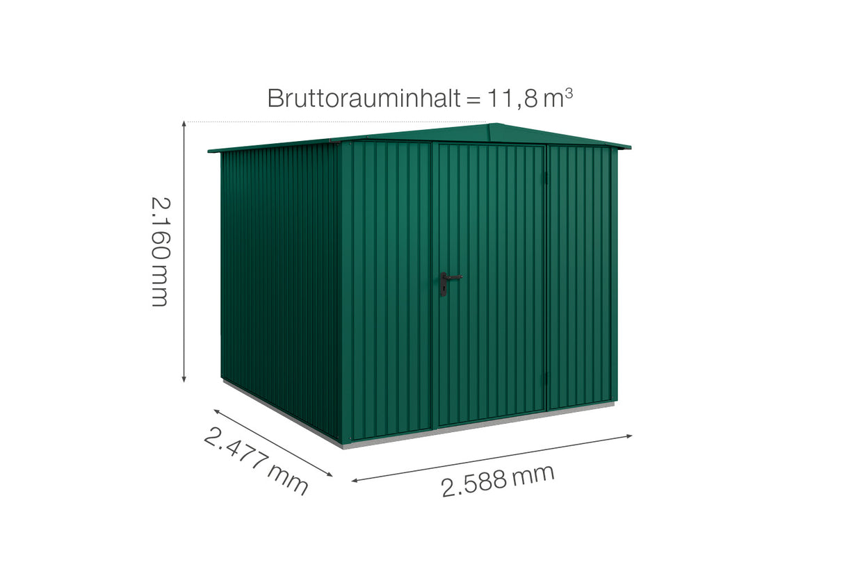 Hörmann Gerätehaus Modell Berry Classic Typ2 Satteldach moosgrün Einzeltür Maße
