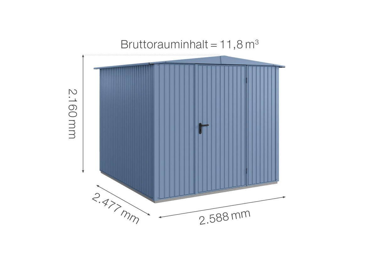 Hörmann Gerätehaus Modell Berry Classic Typ2 Satteldachtaubenblau Einzeltür Maße