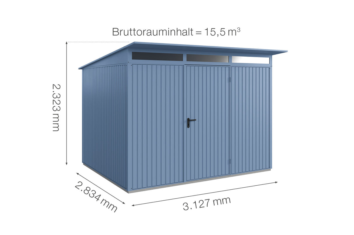 Hörmann Gerätehaus Modell Berry Classic Typ3 taubenblau Einzeltür Maße