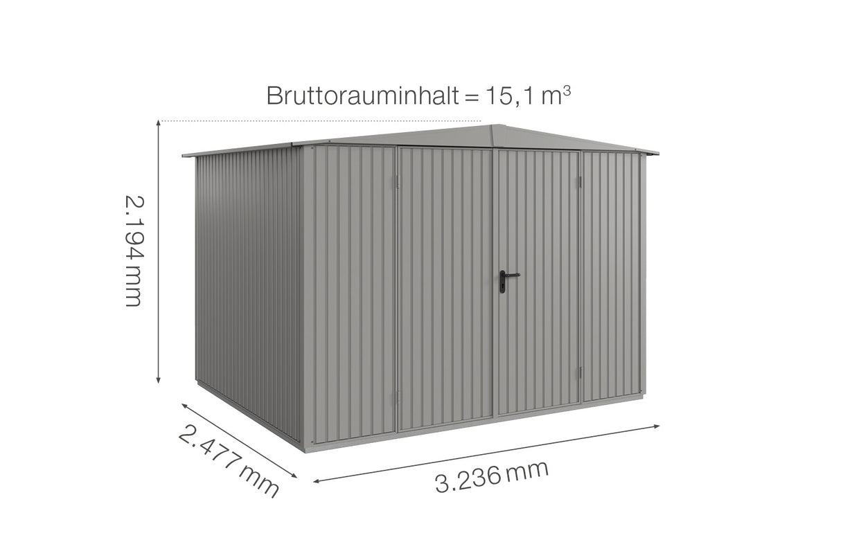 Hörmann Gerätehaus Modell Berry Classic Typ 3 Satteldach graualuminium Doppeltür Maße