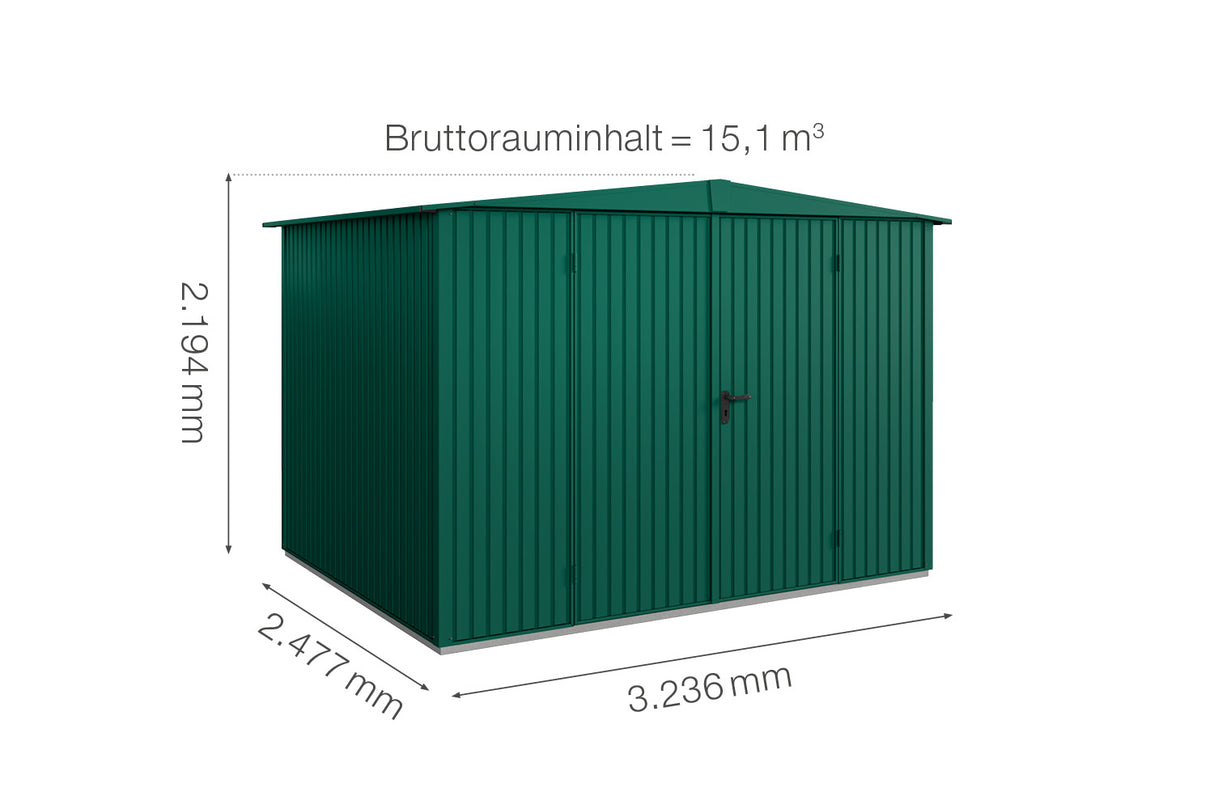 Hörmann Gerätehaus Modell Berry Classic Typ 3 Satteldach moosgrün Doppeltür Maße