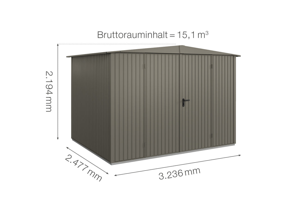 Hörmann Gerätehaus Modell Berry Classic Typ 3 Satteldach quarzgrau Doppeltür Maße