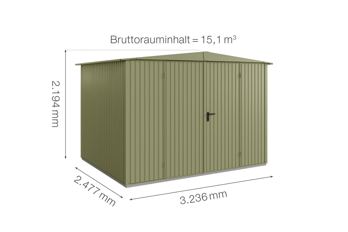 Hörmann Gerätehaus Modell Berry Classic Typ 3 Satteldach schilfgrün Doppeltür Maße