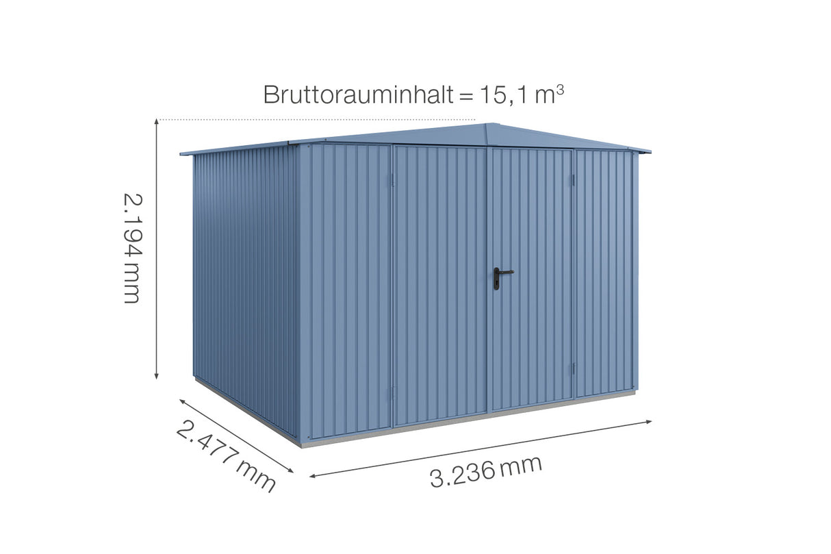 Hörmann Gerätehaus Modell Berry Classic Typ 3 Satteldach taubenblau Doppeltür Maße