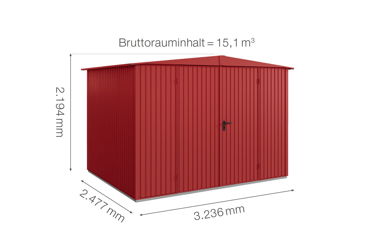 Hörmann Gerätehaus Modell Berry Classic Typ3 Satteldach purpurrot Doppeltür Maße