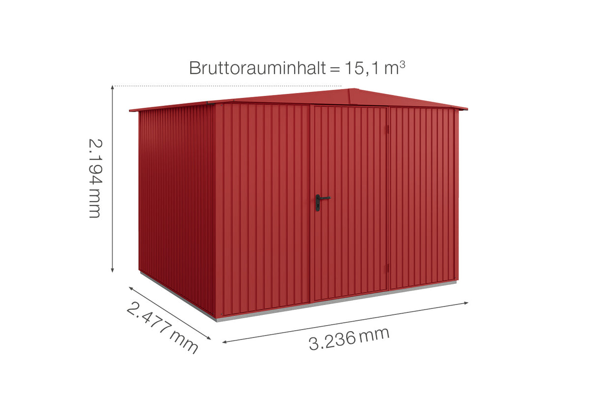 Hörmann Gerätehaus Modell Berry Classic Typ 3 Satteldach purpurrot Einzeltür Maße