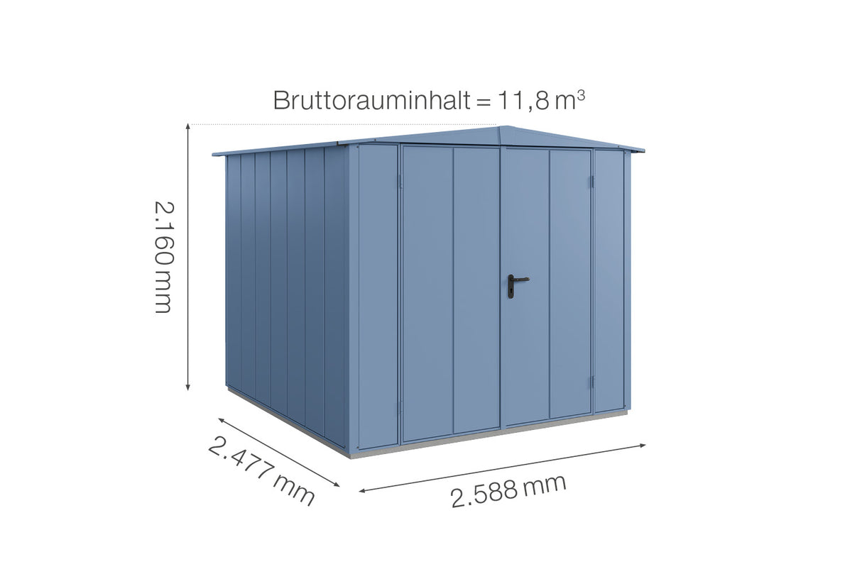 Hörmann Gerätehaus Modell Berry Modern Typ2 Satteldach taubenblau Doppeltür Maße