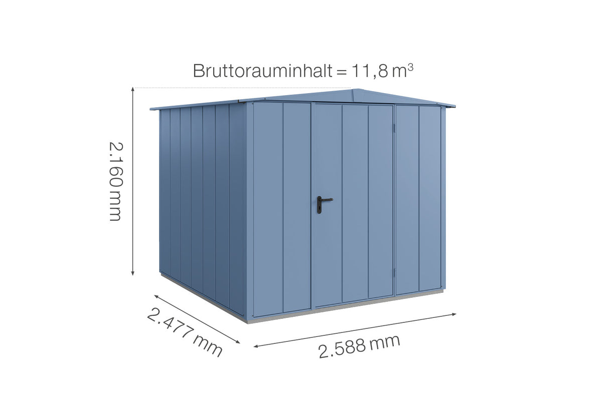 Hörmann Gerätehaus Modell Berry Modern Typ2 Satteldachtaubenblau Einzeltür Maße