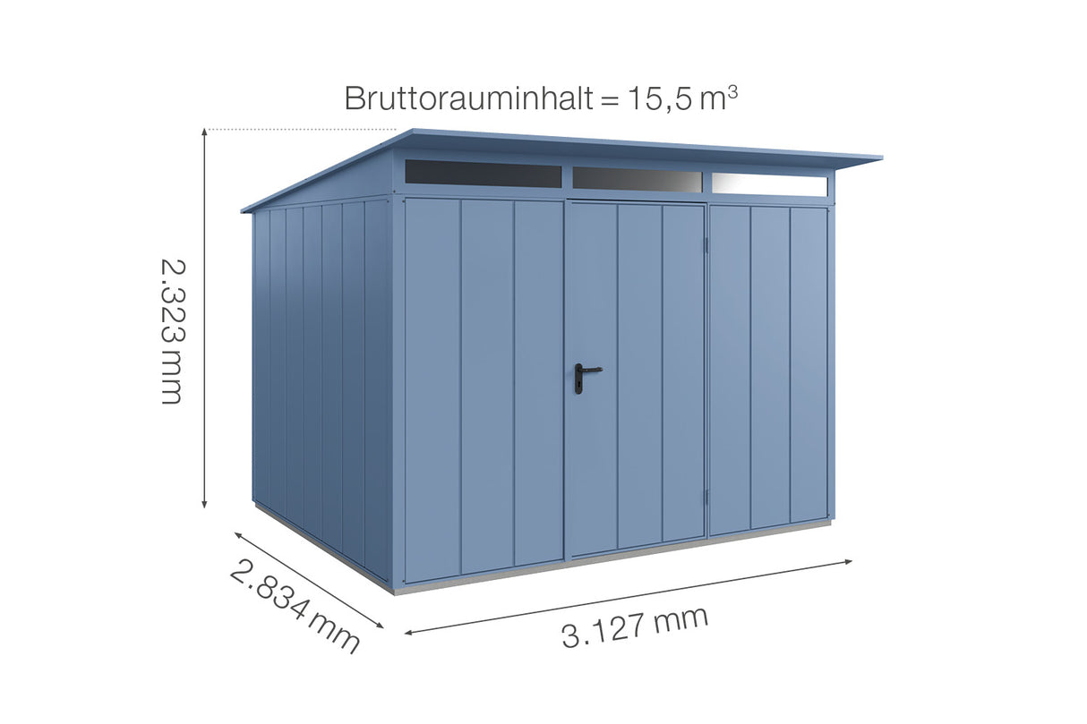 Hörmann Gerätehaus Modell Berry Modern Typ3 taubenblau Einzeltür Maße
