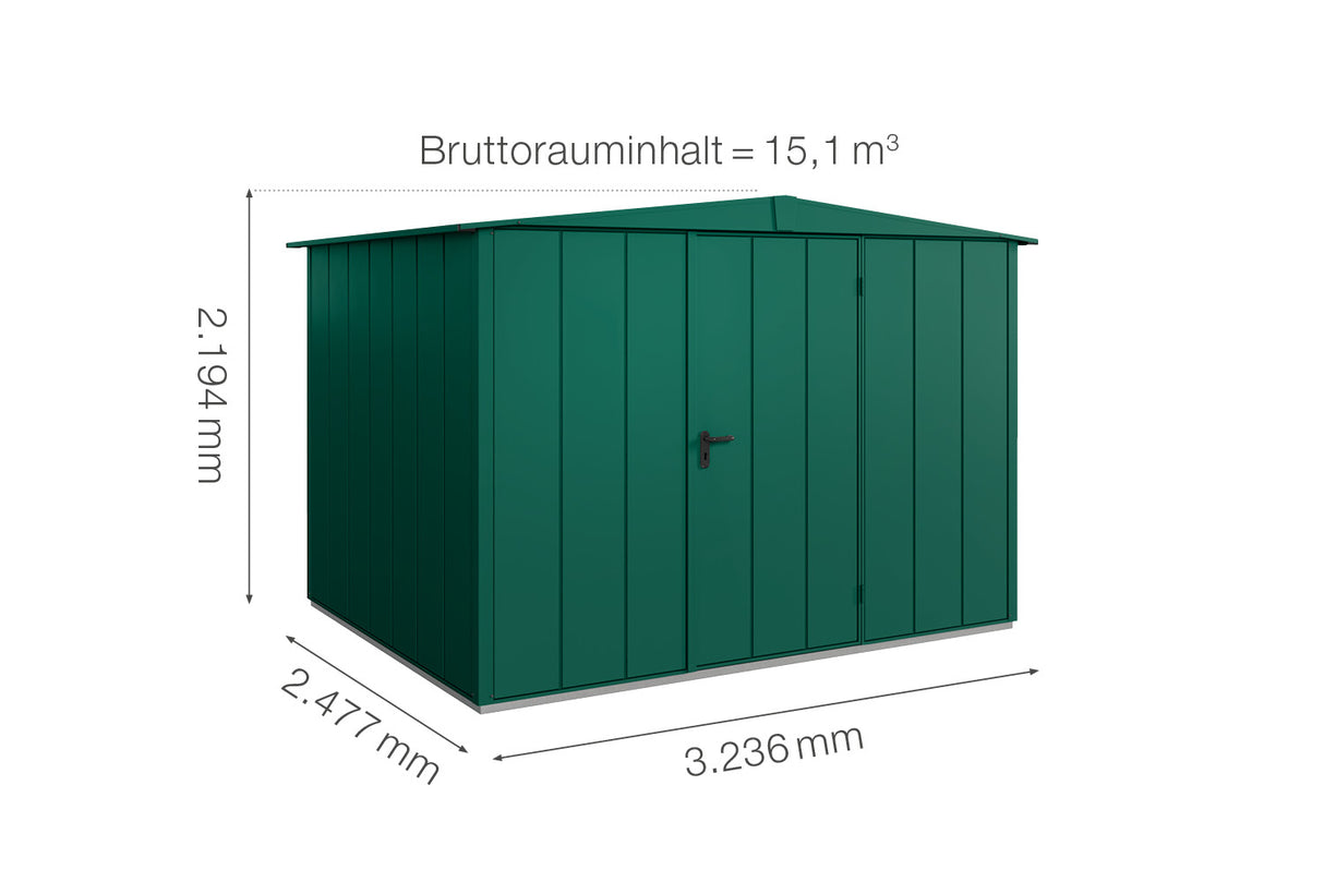 Hörmann Gerätehaus Modell Berry Modern Typ3 Satteldach moosgrün Einzeltür Maße