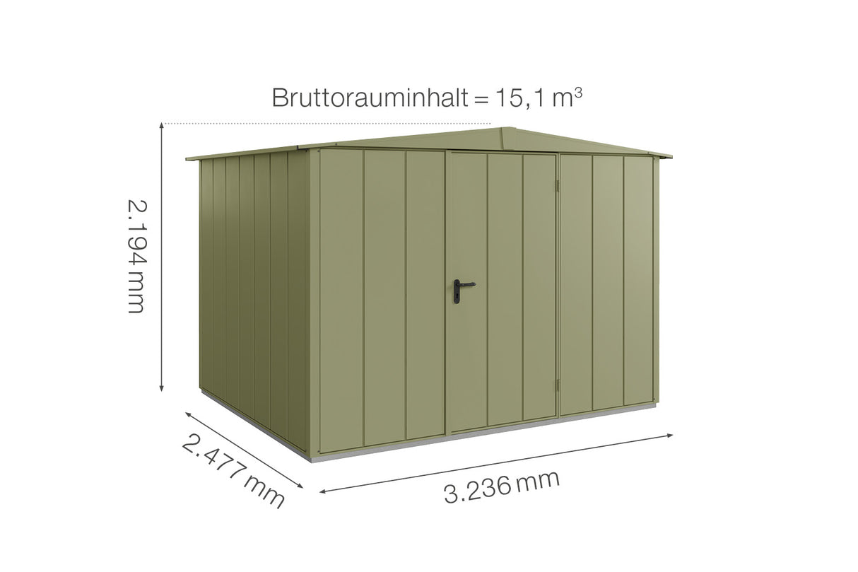 Hörmann Gerätehaus Modell Berry Modern Typ3 Satteldach schilfgrün Einzeltür Maße