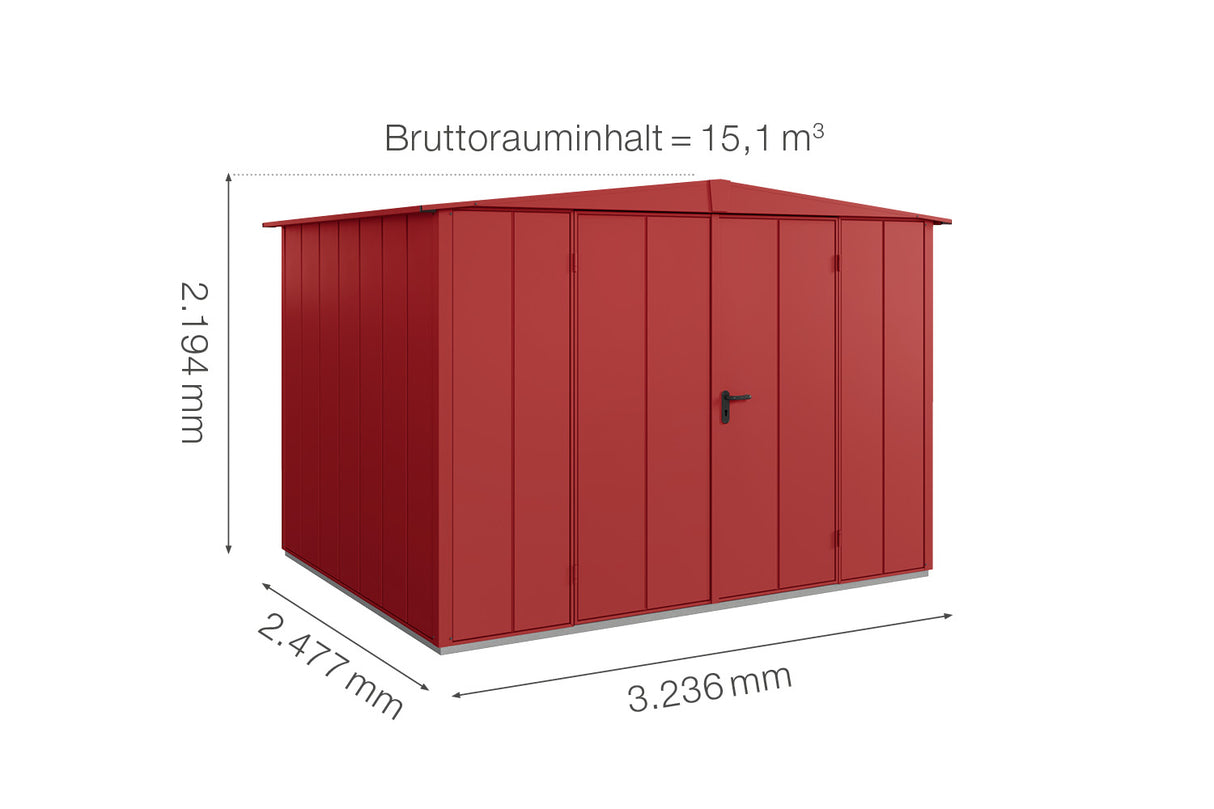 Hörmann Gerätehaus Modell Berry Modern Typ3 Satteldach purpurrot Doppeltür Maße