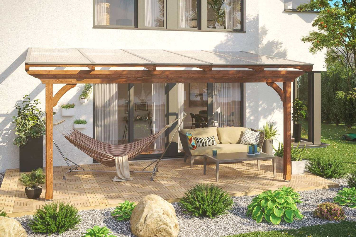 Skan Holz Terrassenüberdachung Modell Ravenna 541 cm Nussbaum