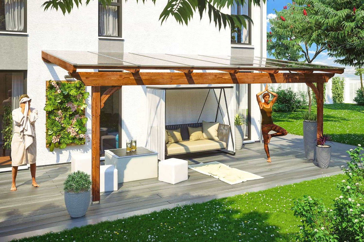 Skan Holz Terrassenüberdachung Modell Ravenna 648 cm Nussbaum