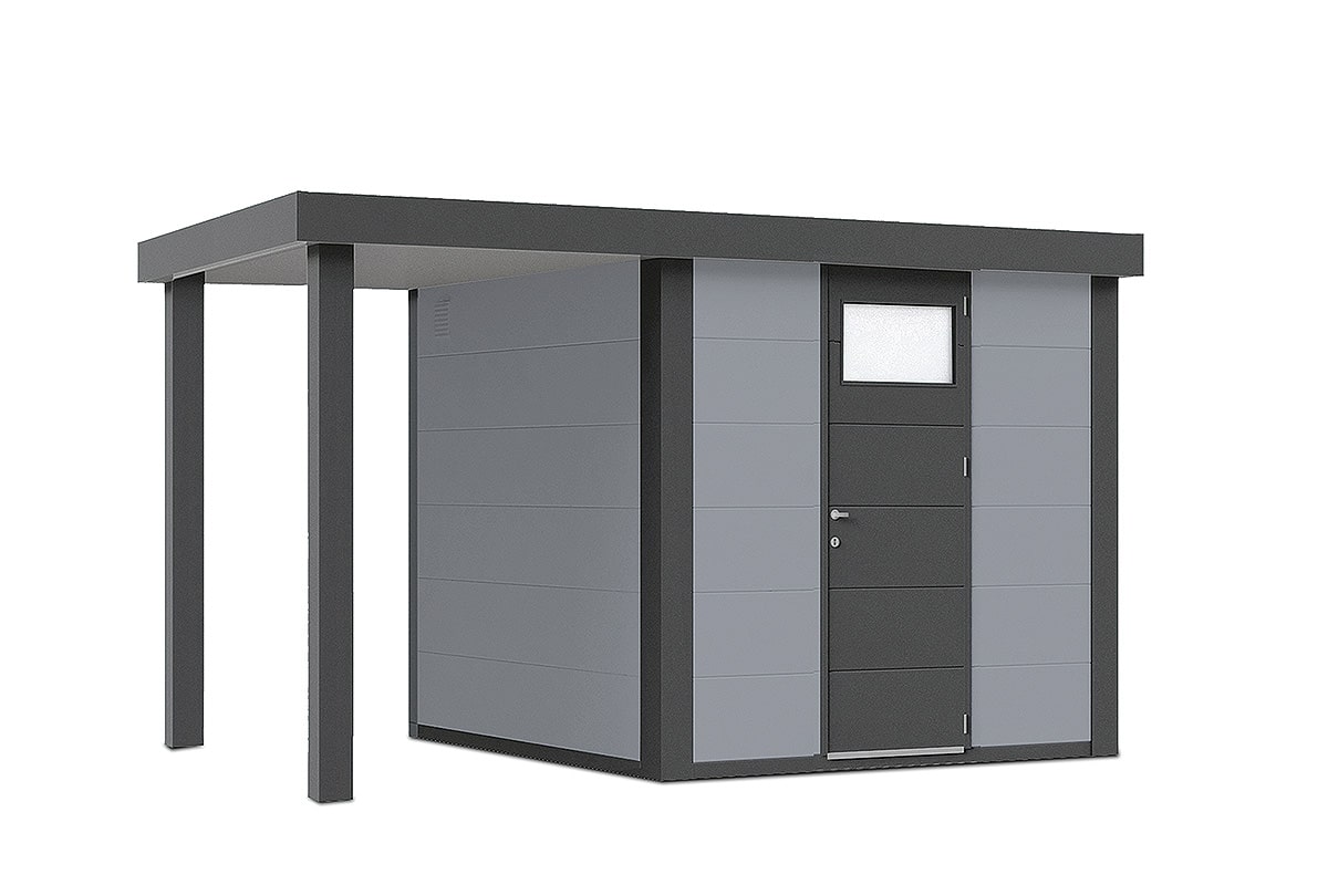 Telluria Gerätehaus Modell Classico 2424 mit Lounge 170 cm links lichtgrau freigestellt