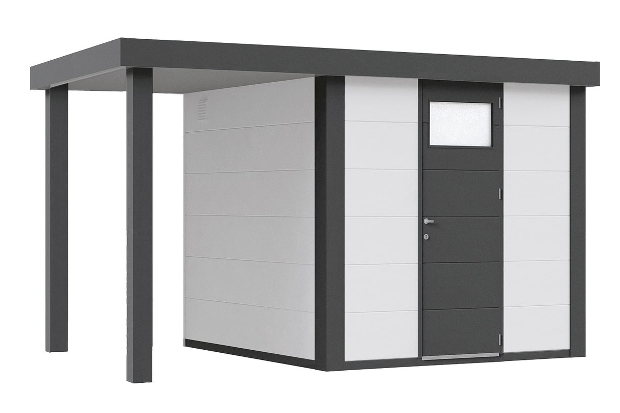 Telluria Gerätehaus Modell Classico 2424 mit Lounge und Seitendach 170 cm links weiß freigestellt