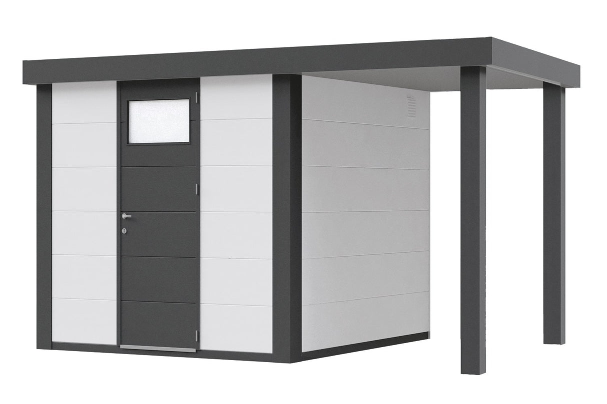 Telluria Gerätehaus Modell Classico 2424 mit Lounge und Seitendach 170 cm rechts weiß freigestellt