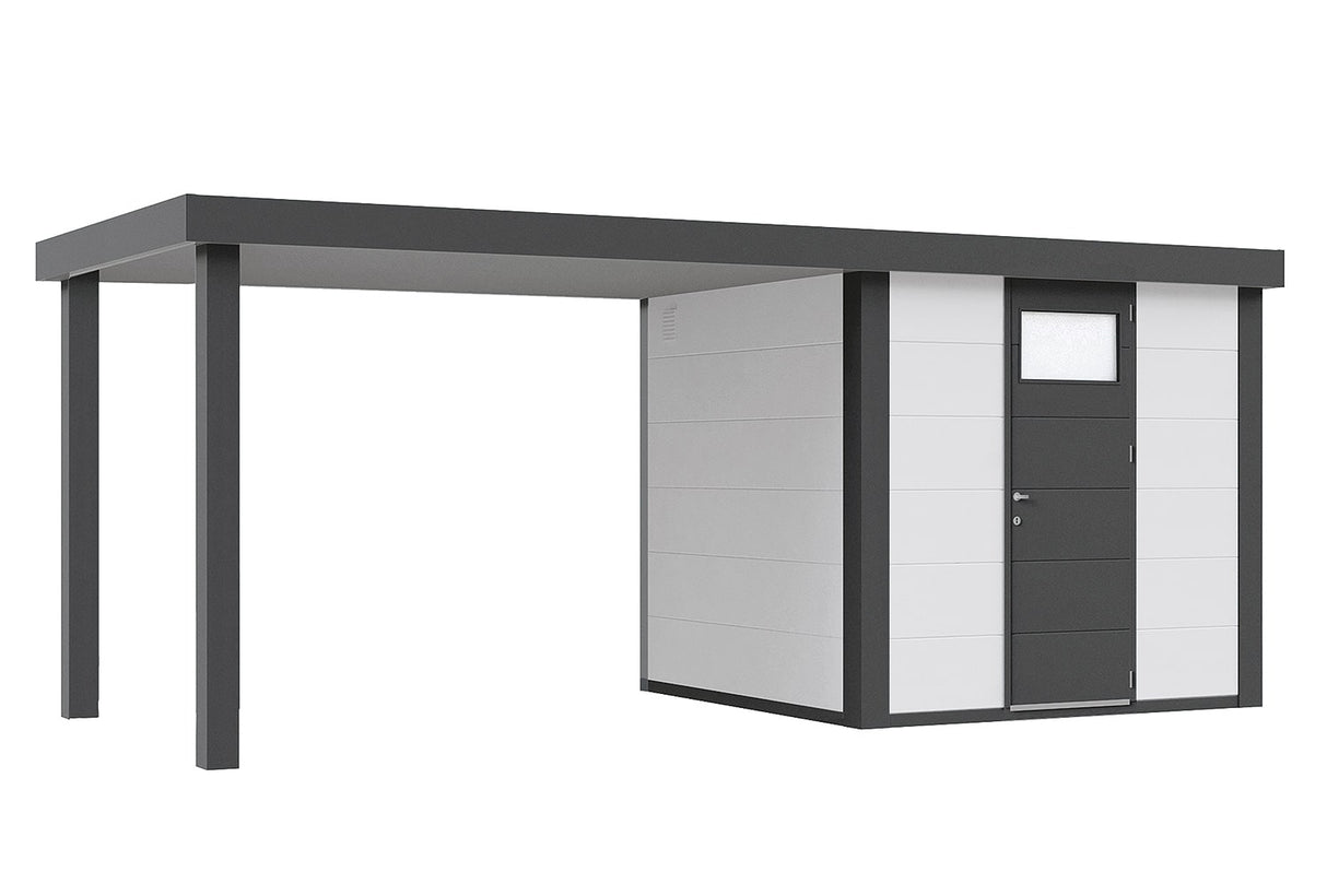 Telluria Gerätehaus Modell Classico 2424 mit Lounge und Seitendach 280 cm links weiss freigestellt
