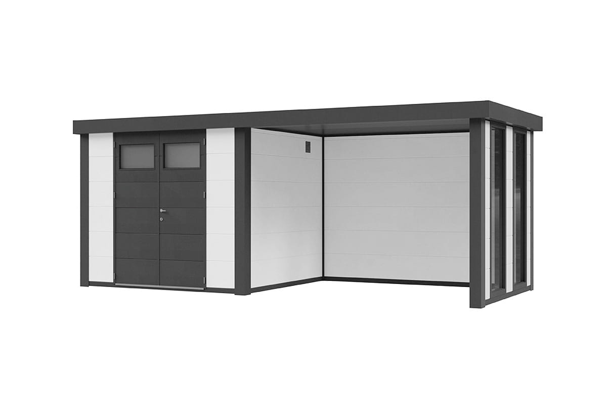 Telluria Gerätehaus Classico 3024 + Lounge rechts + Fenster weiss freigestellt