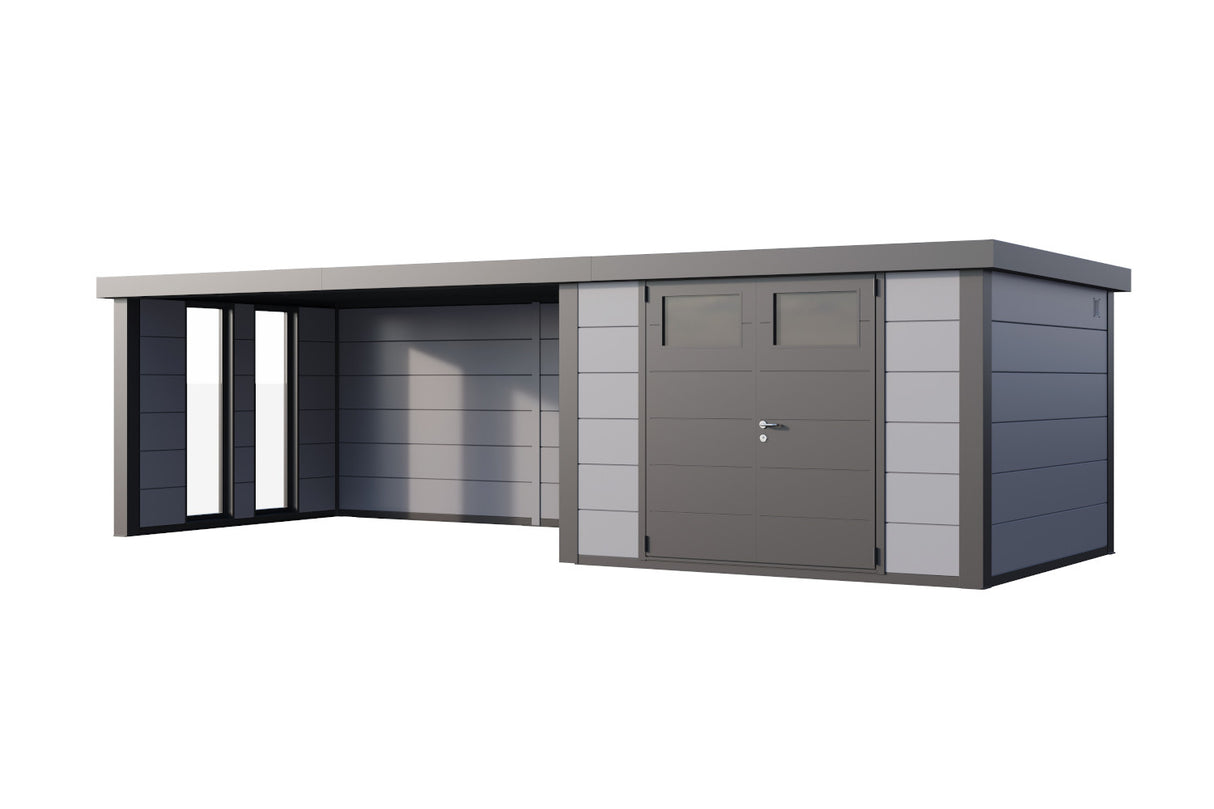 Telluria Gerätehaus Classico 3330 + XL Lounge links + Fenster Lichtgrau freigestellt