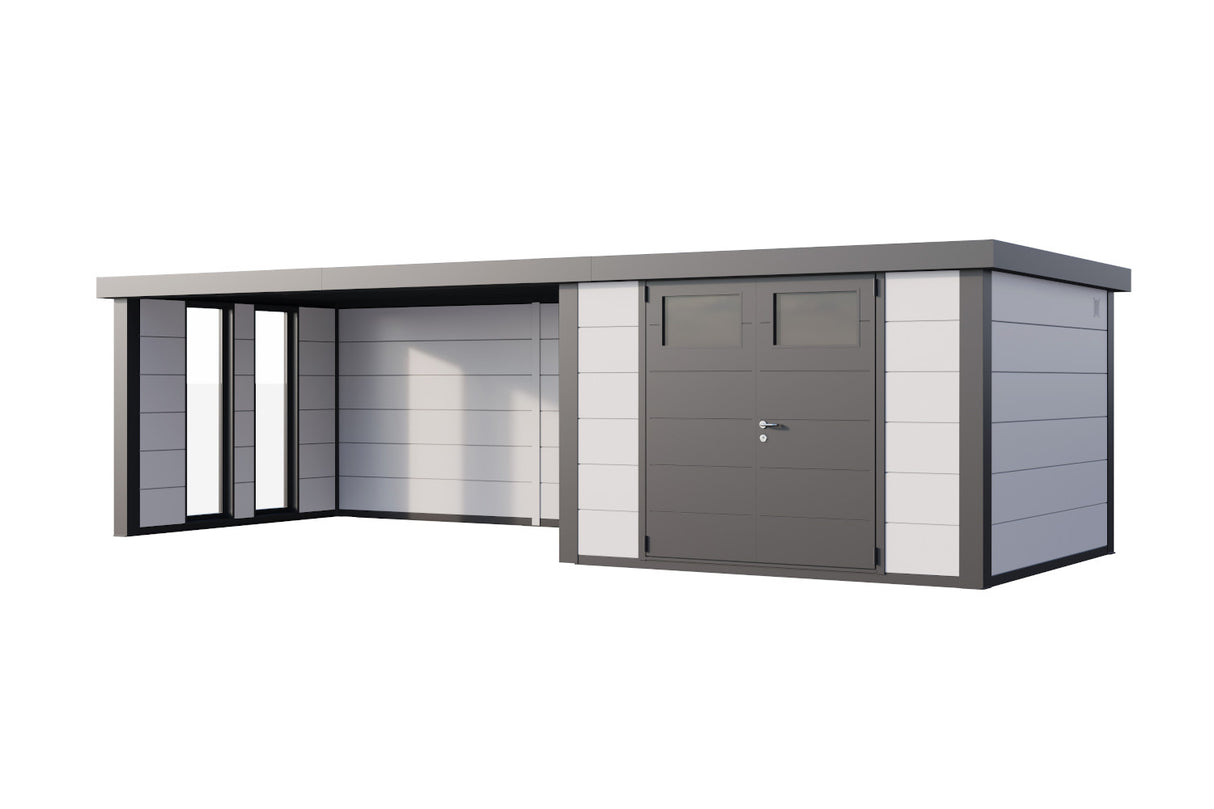Telluria Gerätehaus Classico 3330 + XL Lounge links + Fenster links freigestellt