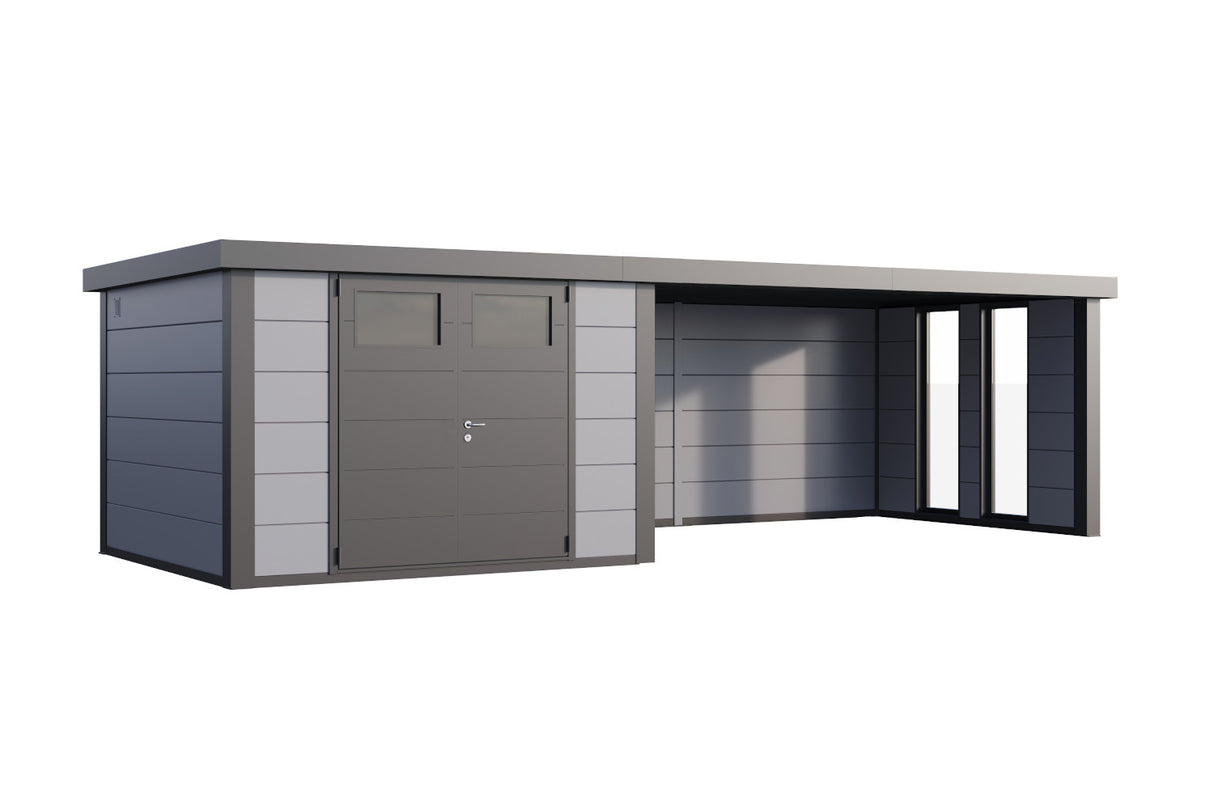 Telluria Gerätehaus Classico 3330 + XL Lounge rechts + Fenster Lichtgrau freigestellt