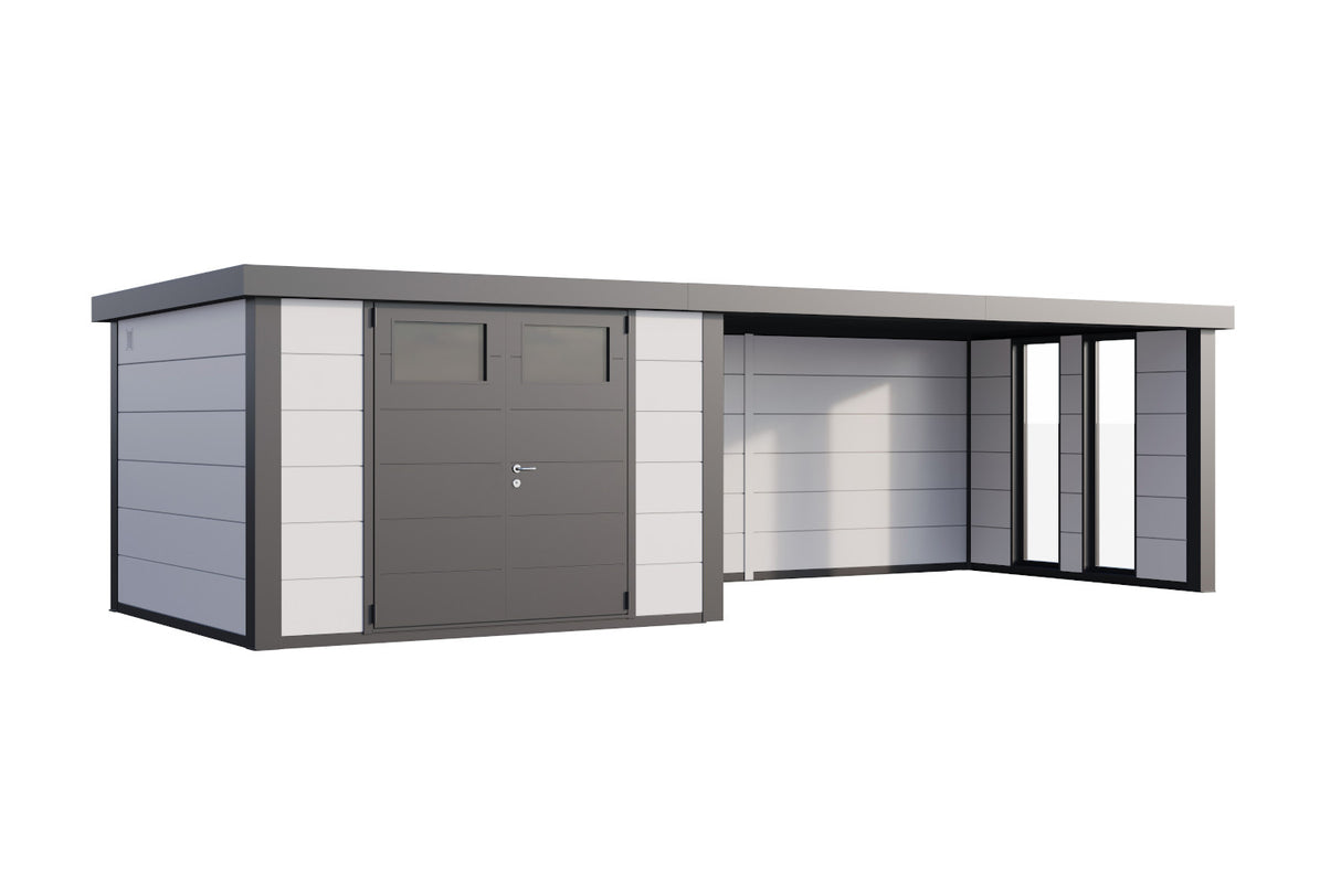 Telluria Gerätehaus Classico 3330 + XL Lounge rechts + Fenster Weiß freigestellt