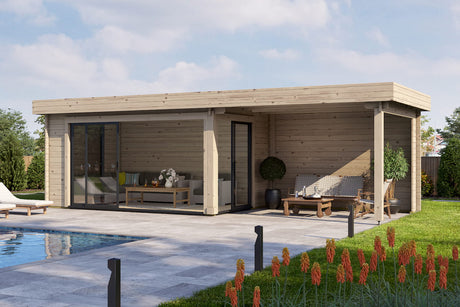 Casa Lignea Gartenhaus Modell Designlounge 44 A mit Anbau offen