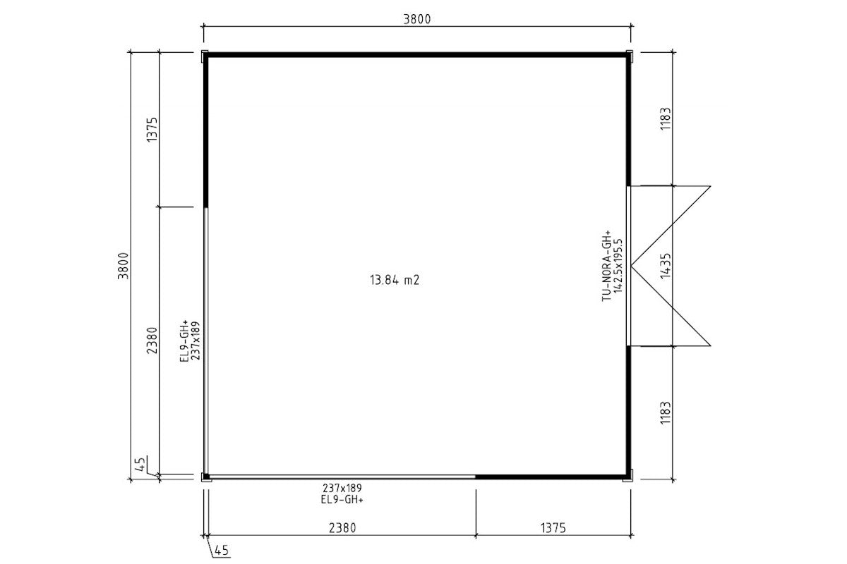 Casa Lignea Gartenhaus Modell Cubus Candela 380x380 cm Grundriss