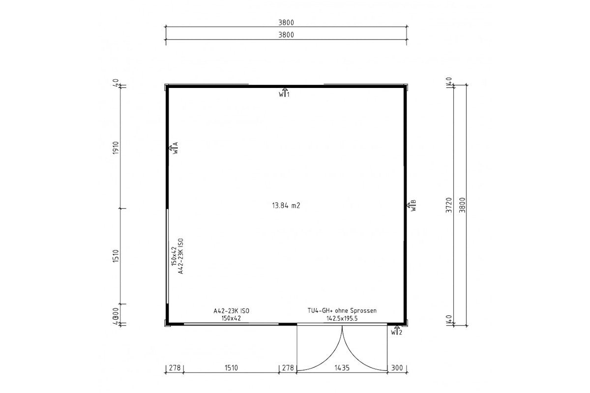 Casa Lignea Gartenhaus Modell Cubus Novitas natur 380x380 cm Grundriss