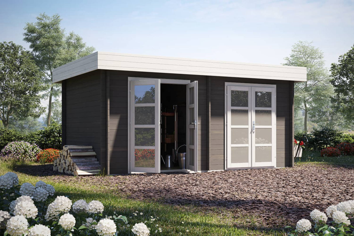 Casa Lignea Gartenhaus Modell Secundus 40 mm mit offener Tür Farbbeispiel