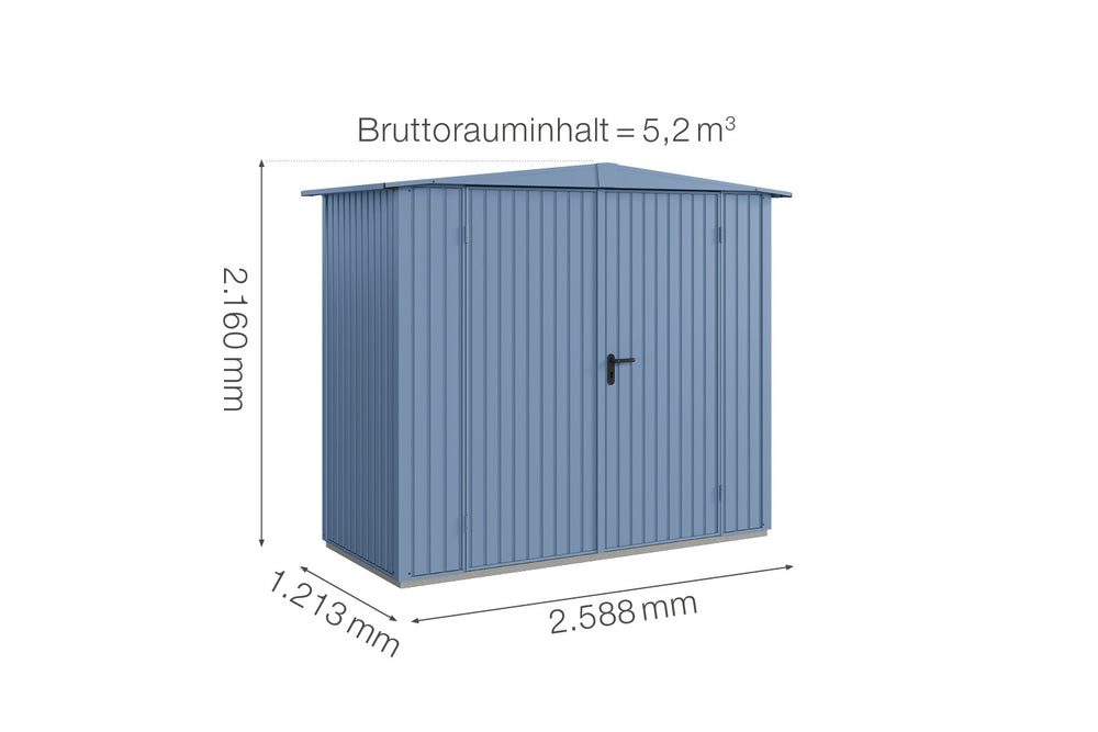 Hörmann Gerätehaus Modell Berry Classic Typ1 Satteldach taubenblau Doppeltür Maße