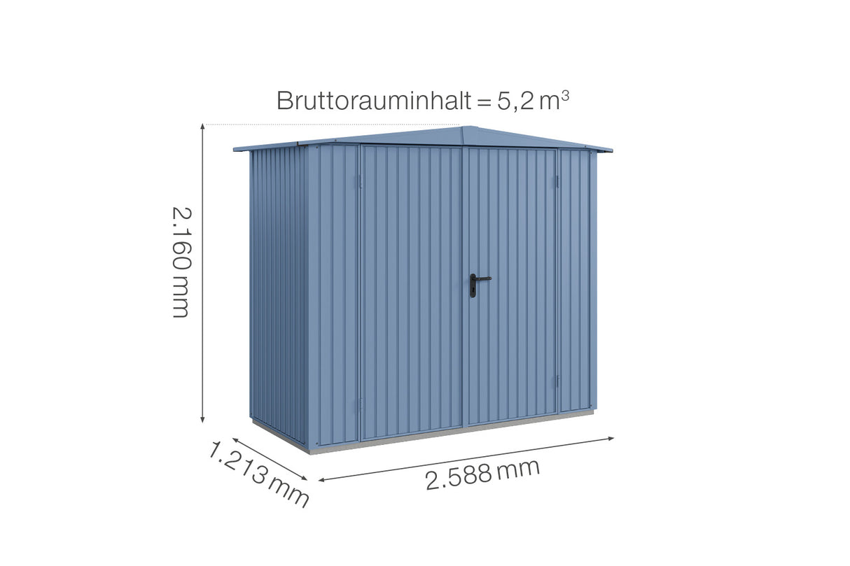 Hörmann Gerätehaus Modell Berry Classic Typ1 Satteldach taubenblau Doppeltür Maße