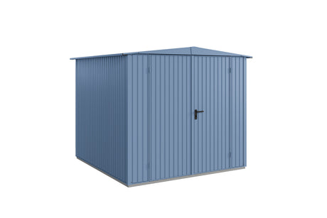 Hörmann Gerätehaus Modell Berry Classic Typ2 Satteldach taubenblau Doppeltür freigestellt