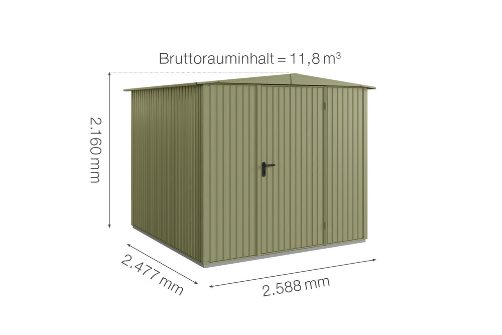 Hörmann Gerätehaus Modell Berry Classic Typ2 Satteldach schilfgrün Einzeltür Maße