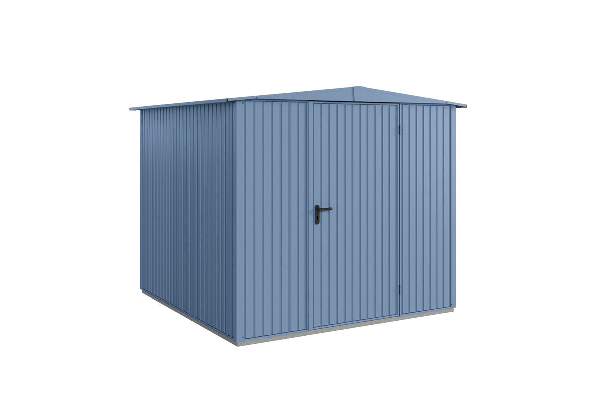 Hörmann Gerätehaus Modell Berry Classic Typ2 Satteldach taubenblau Einzeltür freigestellt