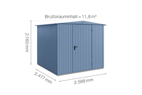 Hörmann Gerätehaus Modell Berry Classic Typ2 Satteldachtaubenblau Einzeltür Maße