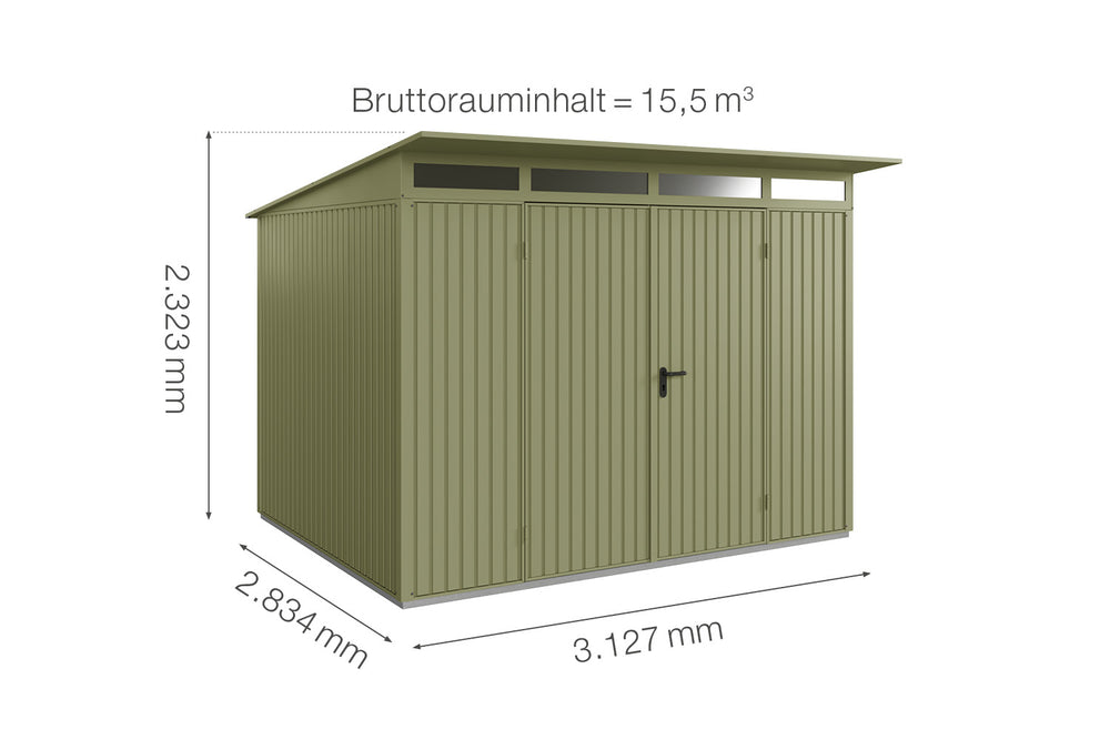 Hörmann Gerätehaus Modell Berry Classic Typ3 schilfgrün Doppeltür Maße