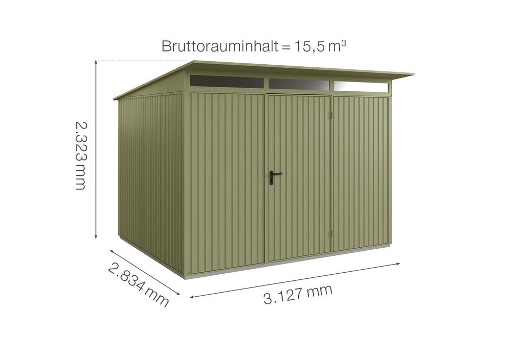 Hörmann Gerätehaus Modell Berry Classic Typ3 schilfgrün Einzeltür Maße