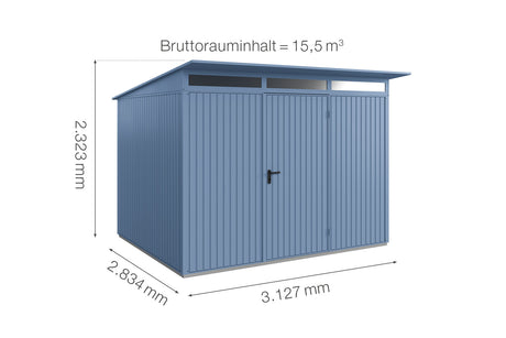 Hörmann Gerätehaus Modell Berry Classic Typ3 taubenblau Einzeltür Maße