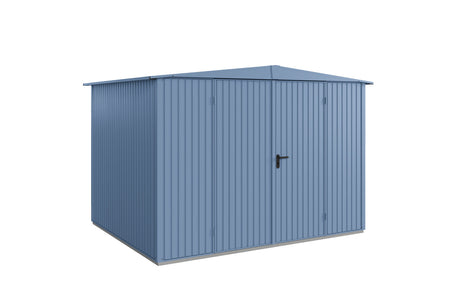 Hörmann Gerätehaus Modell Berry Classic Typ 3 Satteldach taubenblau Doppeltür freigestellt