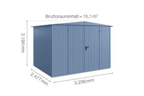 Hörmann Gerätehaus Modell Berry Classic Typ 3 Satteldach taubenblau Doppeltür Maße