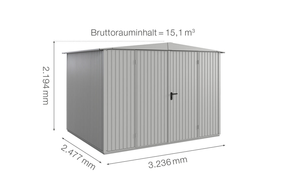 Hörmann Gerätehaus Modell Berry Classic Typ 3 Satteldach weißaluminium Doppeltür Maße