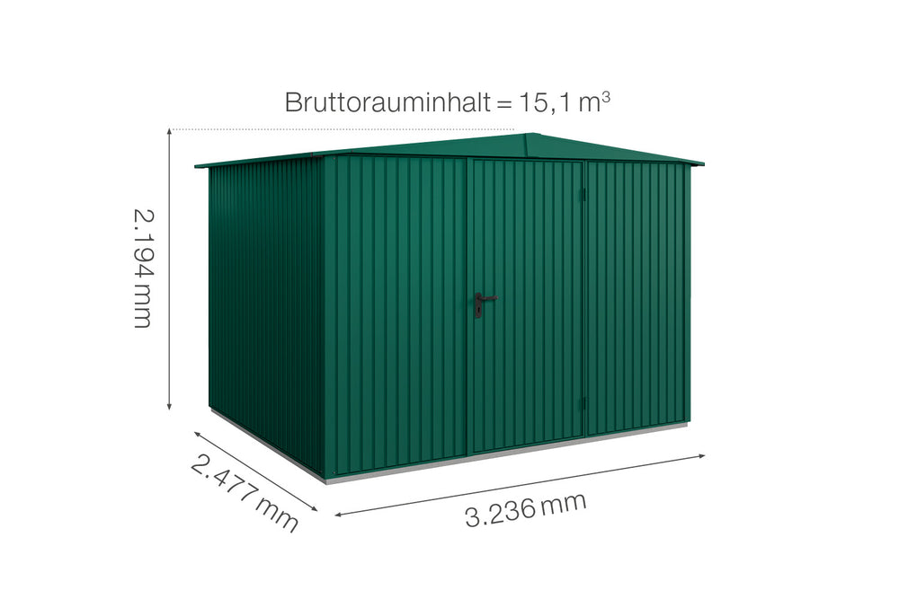Hörmann Gerätehaus Modell Berry Classic Typ 3 Satteldach moosgrün Einzeltür Maße