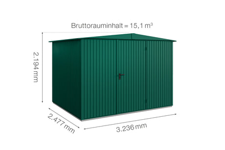 Hörmann Gerätehaus Modell Berry Classic Typ 3 Satteldach moosgrün Einzeltür Maße