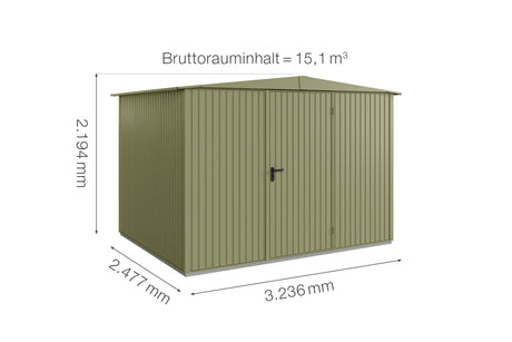 Hörmann Gerätehaus Modell Berry Classic Typ 3 Satteldach schilfgrün Einzeltür Maße