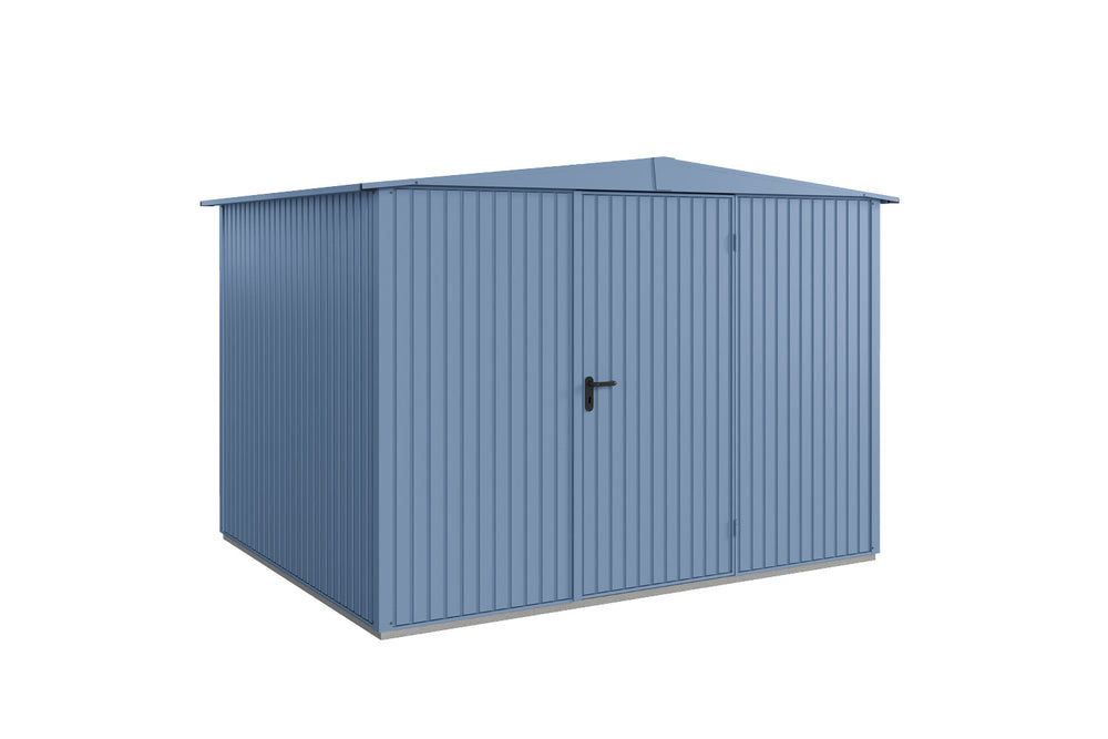 Hörmann Gerätehaus Modell Berry Classic Typ 3 Satteldach taubenblau Einzeltür freigestellt